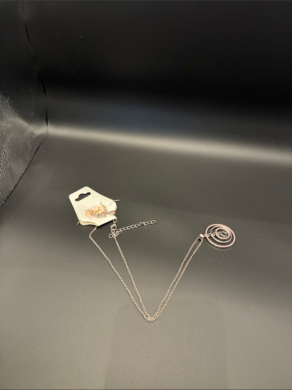 Silver Spiral Pendant Necklace & earrings Pink Accent